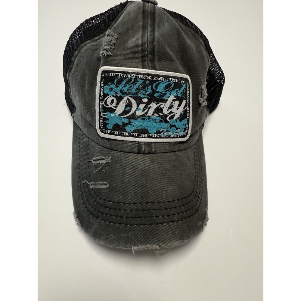 "Let's Get Dirty" Trucker Distressed Ponytail Hat Adjustable Grey And Turquoise